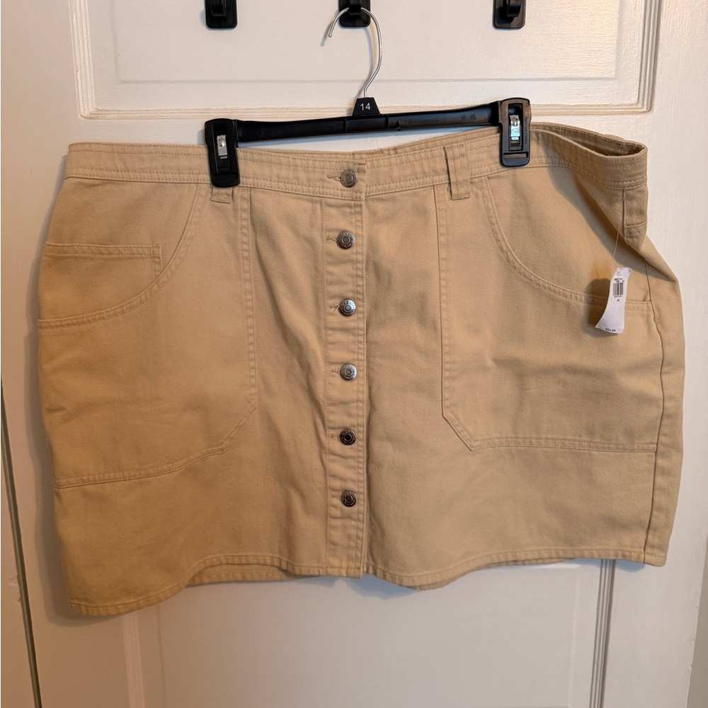 Button-Front Tan Denim Mini Skirt